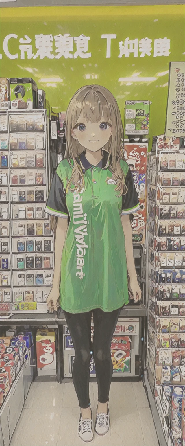 (long shot:2.0),#quality(8k,wallpaper of extremely detailed CG unit, ​masterpiece,hight resolution,top-quality,top-quality real texture skin,hyper realisitic,increase the resolution,RAW photos,best qualtiy,highly detailed,the wallpaper), BREAK ,(a girl is standing in front of the convenience store in the midnight),(you can see full body of the convenience store)