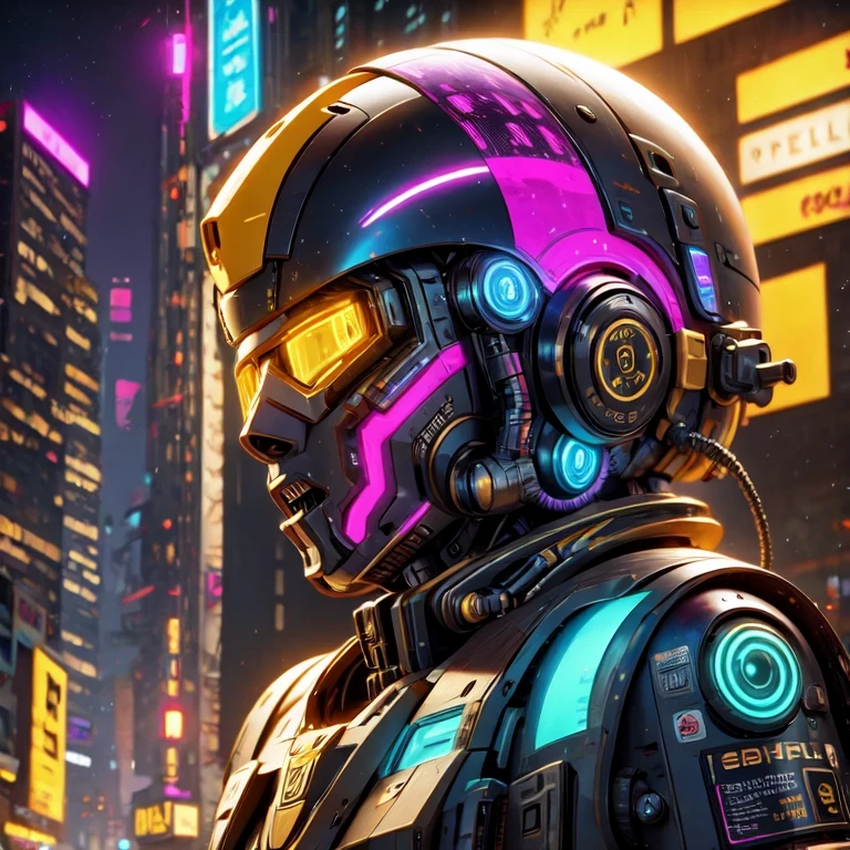 Gros plan latéral，un gros plan d&#39;un robot avec une tête brillante et un fond violet, cybermécanique, in style of bip, pikachu cyberpunk, style hybrid mix of bip, 3 d render bip, joli robot épique élaboré, bip masterpiece, style artistique cyberpunk, robot jaune, bip!!, cyber steampunk 8k 3j（（（avenir）））（Téléobjectif inclinable et décalé）