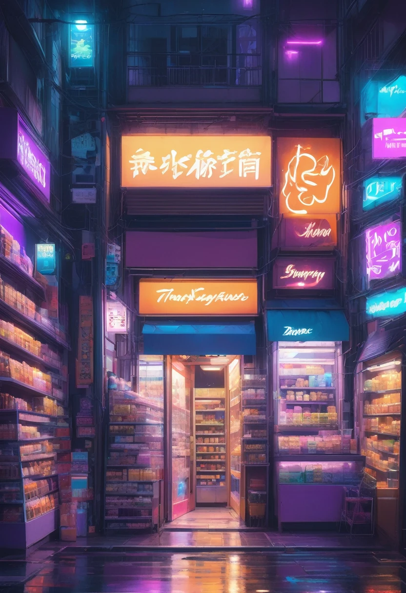 1girl, midnight convenience store, aesthetic, Neon Night page, vibrant city lights, dimly lit shelves full of snacks and drinks, a cashier with tired eyes, fluorescent lighting casting a soft glow, late-night customers browsing the aisles, flickering neon signs outside the store, a sense of mystery and solitude, a hazy atmosphere with a touch of nostalgia, cinematic and atmospheric, high-res details capturing the smallest nuances, a combination of realism and dream-like quality, urban aesthetic blending with a hint of surrealism, cool blue and purple tones, soft shadows and subtle highlights, an ambiance that evokes a sense of tranquility and possibility in the midst of the night.