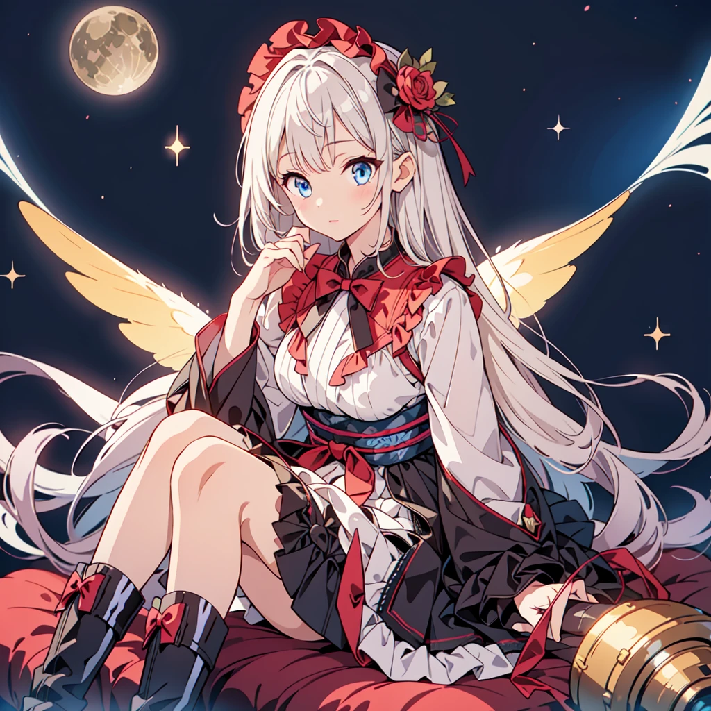 Hada estrella、(obra maestra, mejor calidad), 1 chica, Sentado en la luna creciente、「Un kimono con estampado de galaxias bellamente estampado y un conjunto de lolita gótica.、Minifalda plisada con estampado espacial y volantes、retrato de vista frontal、Botas hasta las rodillas、ojos encantadores、Rostro perfecto y espectacular、detalles exquisitos、imagen clara、de la máxima calidad。」Cabello largo y liso degradado en blanco lechoso y azul claro.、