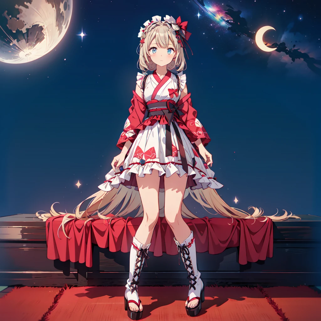 Hada estrella、(obra maestra, mejor calidad), 1 chica, Sentado en la luna creciente、「Un kimono con estampado de galaxias bellamente estampado y un conjunto de lolita gótica.、Minifalda plisada con estampado espacial y volantes、retrato de vista frontal、Botas hasta las rodillas、ojos encantadores、Rostro perfecto y espectacular、detalles exquisitos、imagen clara、de la máxima calidad。」Cabello largo y liso degradado en blanco lechoso y azul claro.、