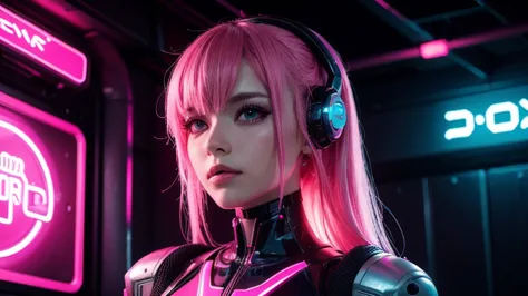 1 girl, pink neon ,robot, female cyborg , cyber punk, club,dim lighting, neon signs,fc portrait, neon,cyber punk, futuristic ,