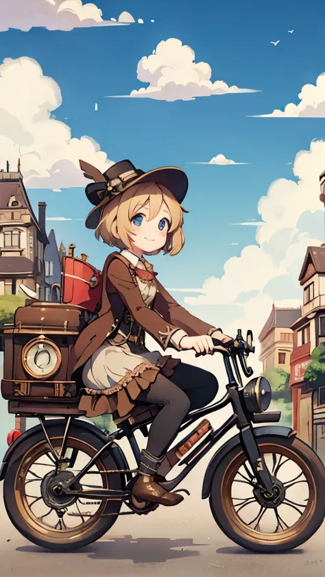 steampunkai。one girl。postman。ride a bike through the city。smile。the background is blue sky and white clouds、victorian style stre...