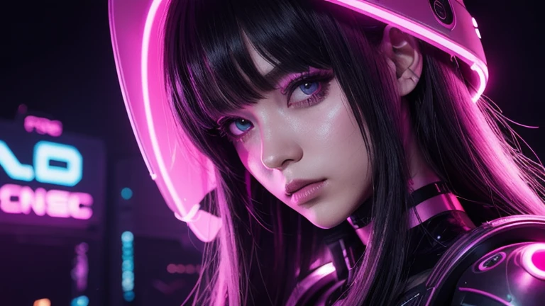 1 fille, pink néon ,Android, Cyborg femelle , cyberpunk, club,lumière tamisée, néon signs,portrait du fc, néon,cyberpunk, Futuriste ,GED,Musique de club,