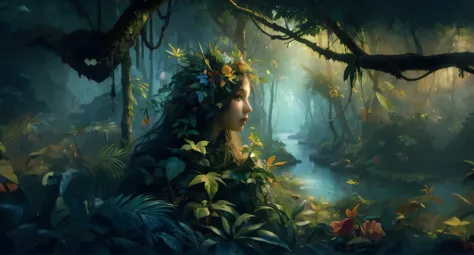 mysterious beautiful woman in the jungle、beautiful landscape of jungle like henri rousseau&#39;s painting、healing, fantastical a...