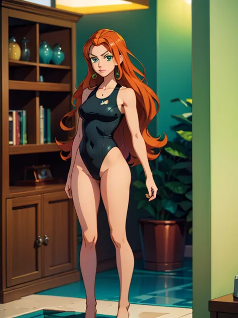 (masterpiece, best quality), full body portrait sam \(totally spies\), orange hair, long hair, green eyes, ((wearing black one p...