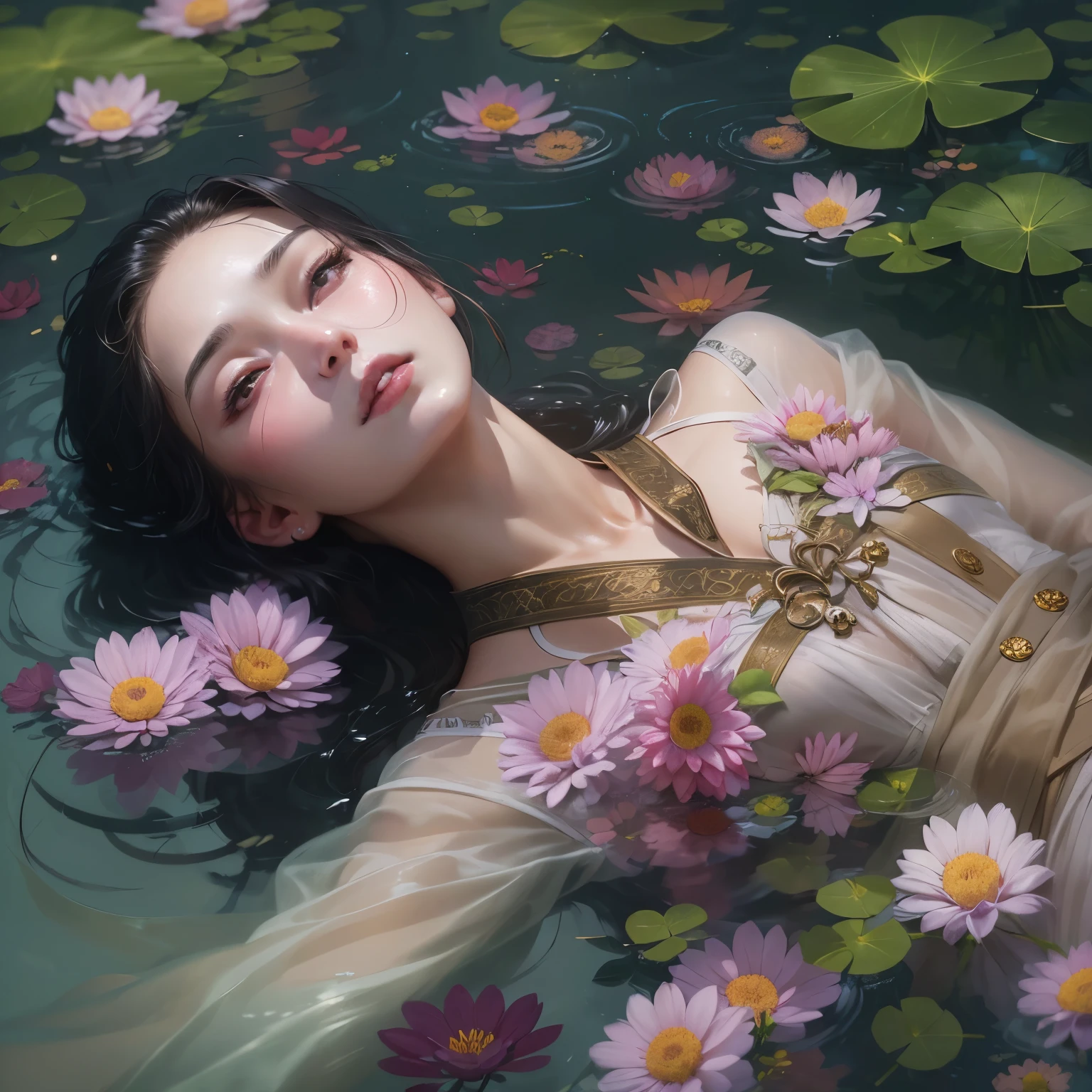 (ultra high definition, high quality,8k, masterpiece: 1.3), Beautiful oriental woman, Realistic and detailed image of a dead woman, pale skin, 20 years old, lying in a shallow pond