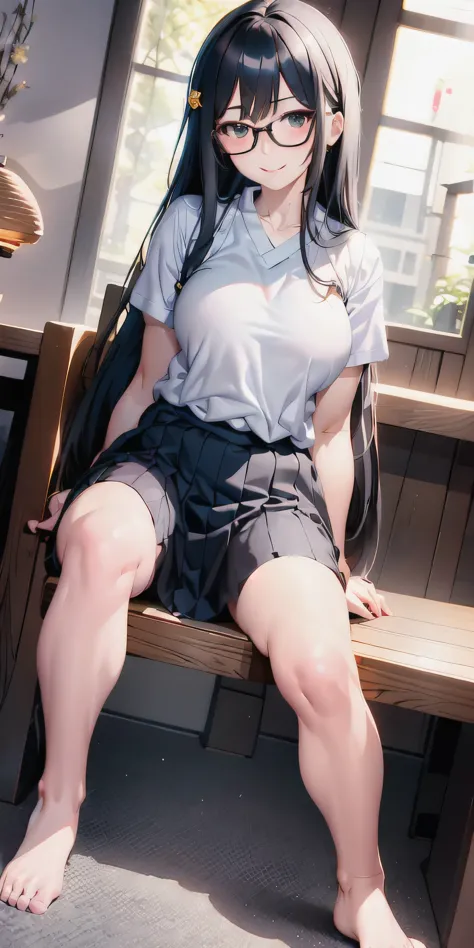 A keen girl, casual style,  sitting , student with glasses, long hair, Japanese high school student uniform , casual style, ultra high Quality potrait