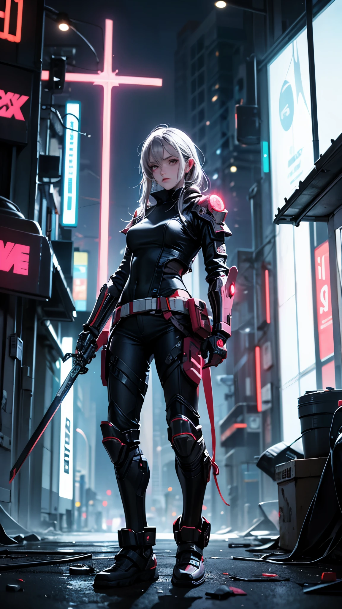 Un paladin cyberpunk aguerri au combat avec un bras cybernétique brillant, brandissant une épée à plasma avec une garde en forme de croix, debout au milieu du chaos éclairé au néon d&#39;une ville futuriste