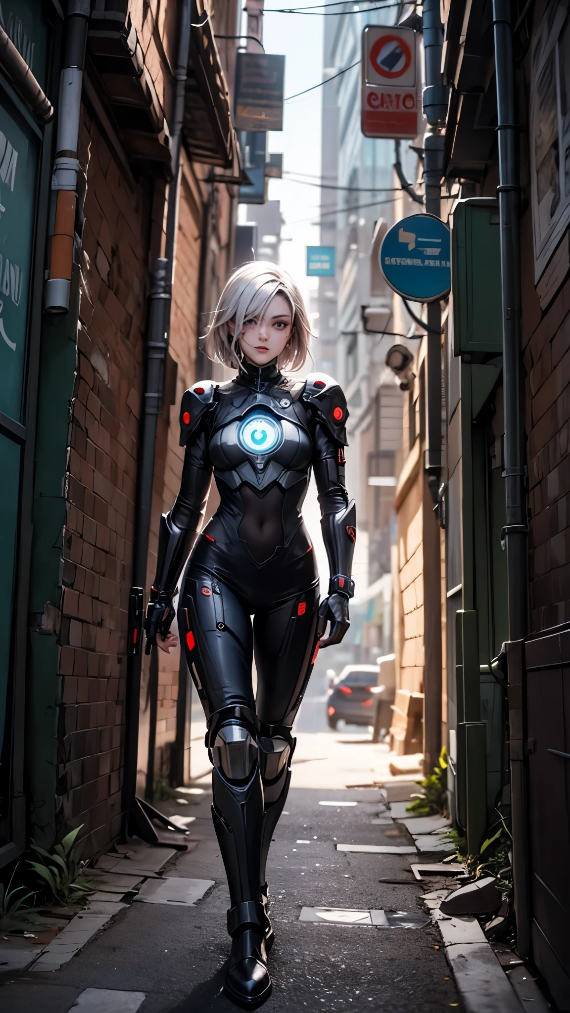 A compassionate cyberpunk paladin with a cybernetic eye, offering aid to the wounded in a dark alleyway of a futuristic city.