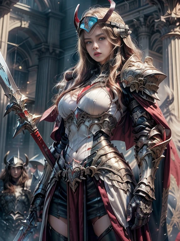 Photorealistic image ((Masterpiece)), ((high quality)) UHD 8K, of a real Viking goddess, Gnna, strong, slim body, skinny waist, model tall, full body, (long blonde hair), (blue eyes), (((Hyper-realistic fantasy full armor, with ivory red metal and intricate details))), (((helmet with large horns))), ((long fur cape)), ((two-pronged fantasy spear)), (in guardian position, fantastic palace of gold ), Photo realistic, Natural lighting, professional DSLR camera., mecha, robot,