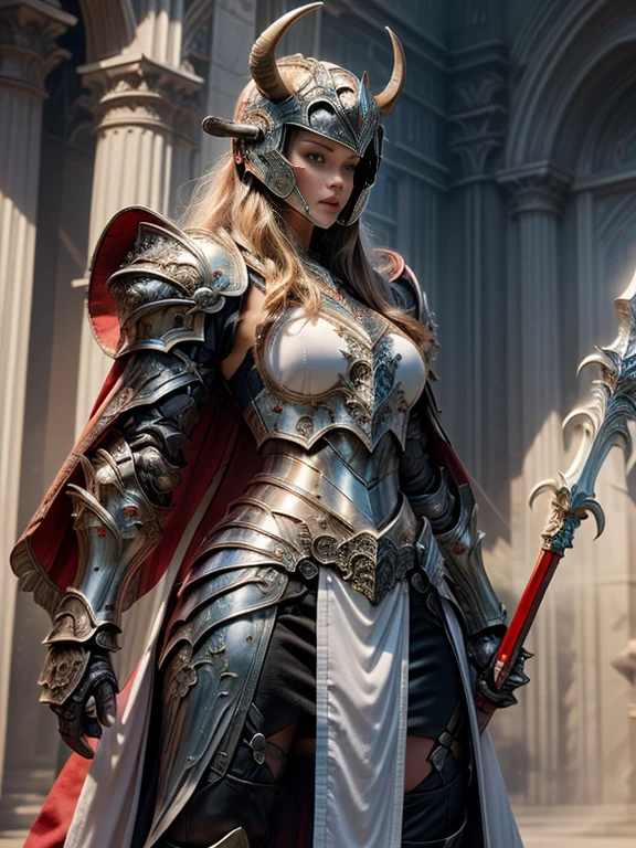 Photorealistic image ((Masterpiece)), ((high quality)) UHD 8K, of a real Viking goddess, Gnna, strong, slim body, skinny waist, model tall, full body, (long blonde hair), (blue eyes), (((Hyper-realistic fantasy full armor, with ivory red metal and intricate details))), (((helmet with large horns))), ((long fur cape)), ((two-pronged fantasy spear)), (in guardian position, fantastic palace of gold ), Photo realistic, Natural lighting, professional DSLR camera., mecha, robot,