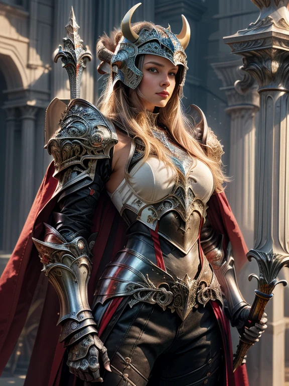 Photorealistic image ((Masterpiece)), ((high quality)) UHD 8K, of a real Viking goddess, Gnna, strong, slim body, skinny waist, model tall, full body, (long blonde hair), (blue eyes), (((Hyper-realistic fantasy full armor, with ivory red metal and intricate details))), (((helmet with large horns))), ((long fur cape)), ((two-pronged fantasy spear)), (in guardian position, fantastic palace of gold ), Photo realistic, Natural lighting, professional DSLR camera., mecha, robot,