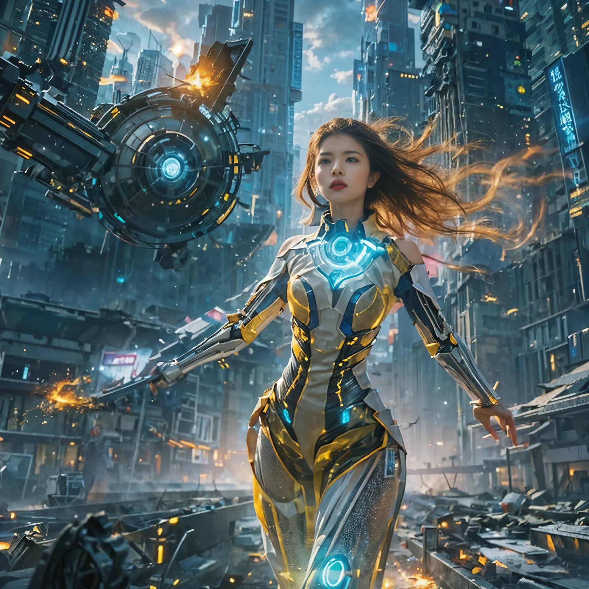 (highest quality、4k、8K、High resolution、masterpiece: 1.2)、Super detailed、(genuine、photogenuineistic、photogenuineistic: 1.37)、Destruction of a Great City、(A woman with telekinesis stands in front of a spaceship controlled by invaders:1.37) 、(Women are young and beautiful、1、unparalleled beauty:1.5)、Insert a mental barrier to resist robot attacks、Vibrant cityscape、bright colors、Shining skyscrapers、Busy Street、Futuristic architecture and technology、Advanced Holographic Displays、Neon light splashes 、dramatic lighting、intense shadow、The awe-inspiring power that women exude、determination in his eyes、Elegant flowing gown、Dynamic action in the wind、Stretch out your arms and lunge towards the robot.、Powerful energy is emitted from the hands.、blue shining aura、sparks of electricity、electricity crackling in the air、A whirlpool of energy surrounding women、A fascinating and surgenuine atmosphere、A sense of danger and impending doom、Background chaos and destruction、Crumbling Building、flying debris、Smoke and flames、 The contrast between beauty and destruction、The battle between technology and the extraordinary power of young women。
