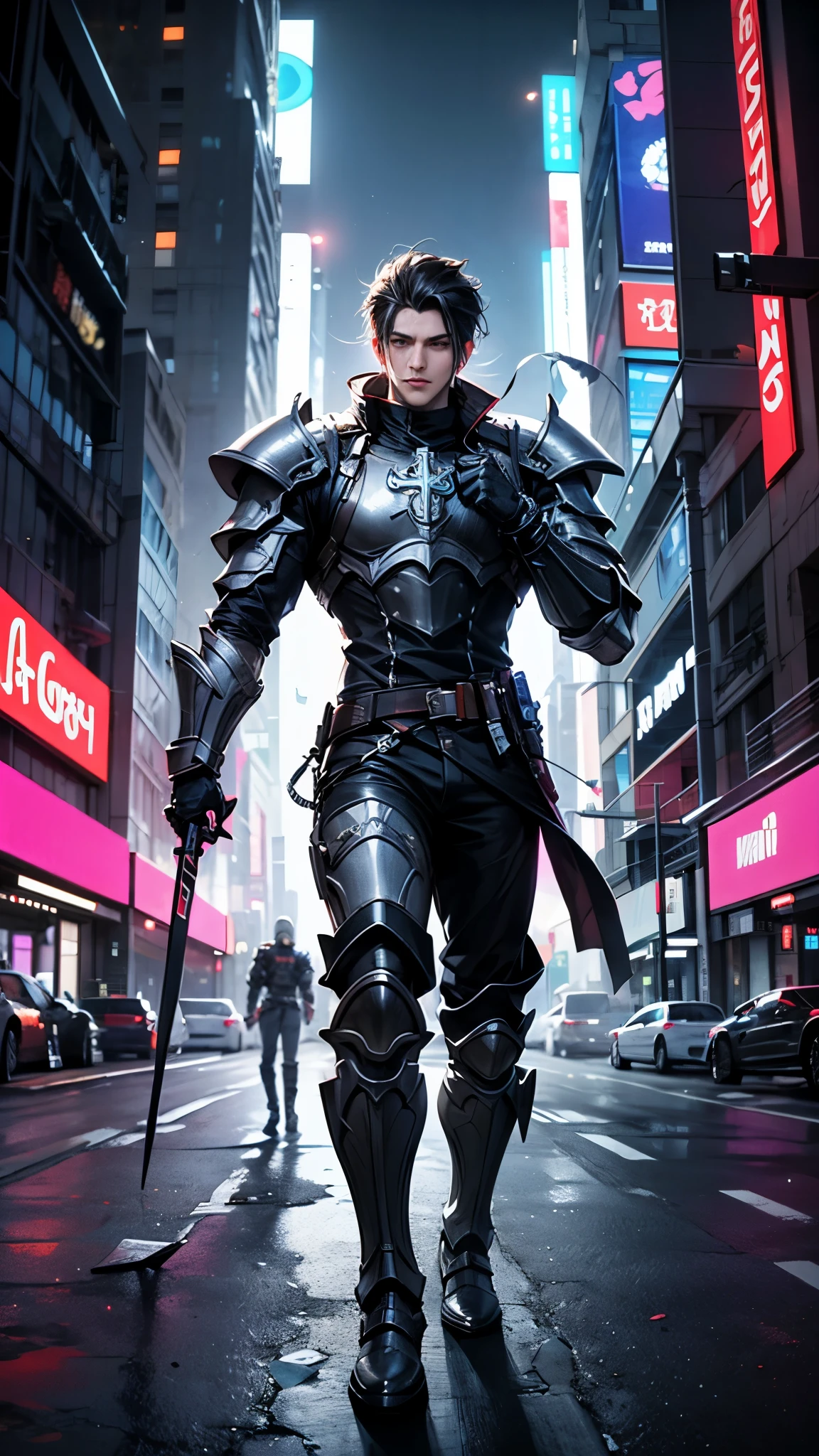 male character,holy paladin,cyberpunk future,muscular,cyber armor with glowing accents,energy sword with a cross-shaped hilt,dark background,neon cityscape,flying cars,holographic advertisements