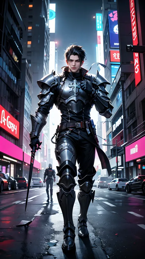 male character,holy paladin,cyberpunk future,muscular,cyber armor with glowing accents,energy sword with a cross-shaped hilt,dar...
