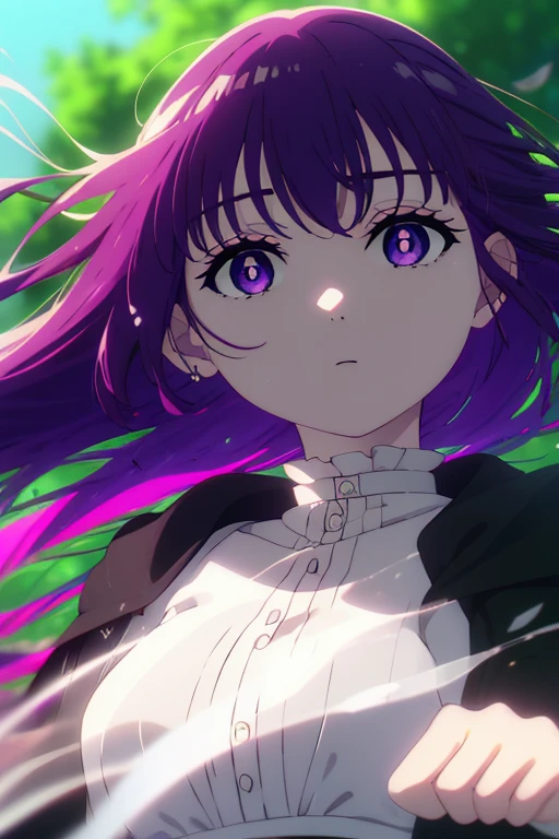 Fern, Fern, long hair, bangs, (purple eyes:1.1), purple hair, side lock, blunt bangs, bright pupils, half up hair,
break shirt, dress, Jacket, white shirt, open clothes, hood, white dress, hood down,
break looking at viewer, Upper body, (full body:1.2),
break outdoors, null, nature,
break (masterpiece:1.2), highest quality, High resolution, unity 8k wallpaper, (figure:0.8), (detailed and beautiful eyes:1.6), highly detailed face, perfect lighting, Very detailed CG, (perfect hands, perfect anatomy), (Floating on the lake 2.0)