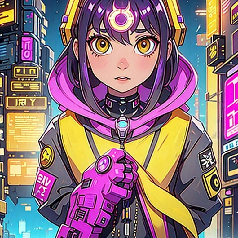 Gros plan latéral，un gros plan d&#39;un robot avec une tête brillante et un fond violet, cybermécanique, in style of bip, pikachu cyberpunk, style hybrid mix of bip, 3 d render bip, joli robot épique élaboré, bip masterpiece, style artistique cyberpunk, robot jaune, bip!!, cyber steampunk 8k 3j（（（avenir）））（Angle de vue du téléobjectif）（basculement）