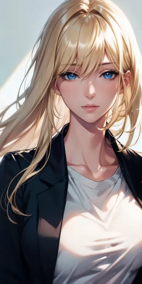 portrait, realistic, blue eyes, blonde hair, big breast, 4k resolution, high quality cg, beautiful cg, soft light, 