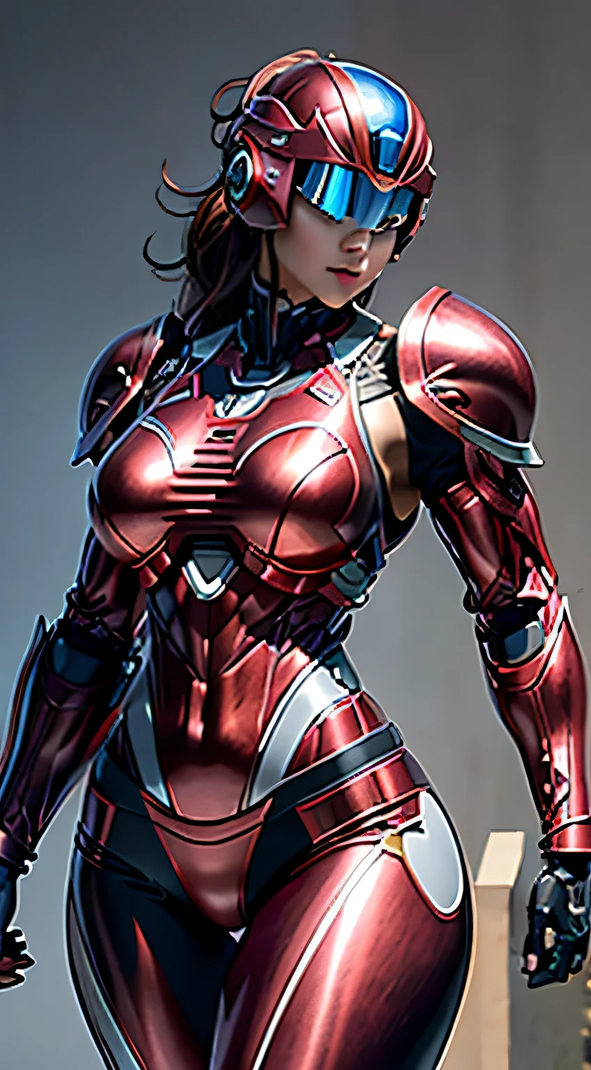 female robocop solo、bright outdoors、strong light source、8K, high quality, masterpiece, 最high quality、very detailed、Armor that completely covers the whole body、very large armor、Helmet covering the head、clear pictures、Eyes hidden by thin straight goggles:1.3、The lower half of the face is raw:1.5、The lower half of the face is exposed、luscious lips、Wine red and white metallic armor、Armor that completely covers the chest、thin and long legs、Vibrant posel body view,big and full breasts:1.5, (sports body:1.5)、five fingers、photos around town