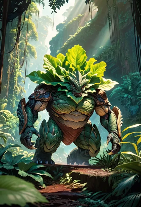 a photograph of a full body Lettuce monster, in the jungle, art by Ridley Scott, ultra highly detailed, cinematic, 32k, intricat...