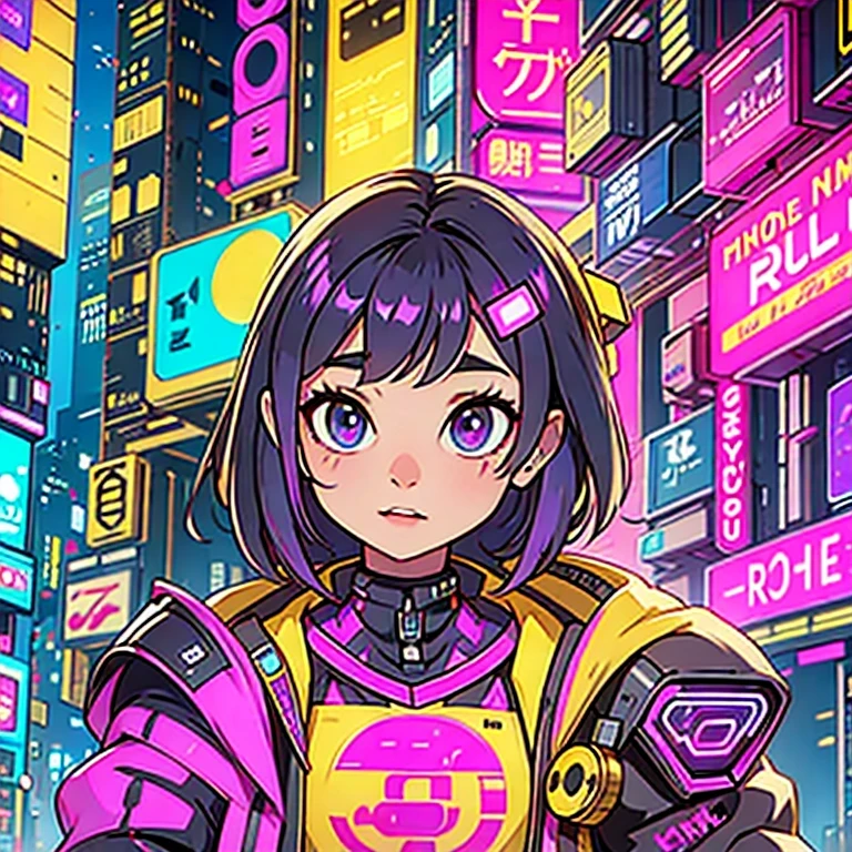 Gros plan latéral，un gros plan d&#39;un robot avec une tête brillante et un fond violet, cybermécanique, in style of bip, pikachu cyberpunk, style hybrid mix of bip, 3 d render bip, joli robot épique élaboré, bip masterpiece, style artistique cyberpunk, robot jaune, bip!!, cyber steampunk 8k 3j（（（avenir）））（Angle de vue du téléobjectif）（basculement）