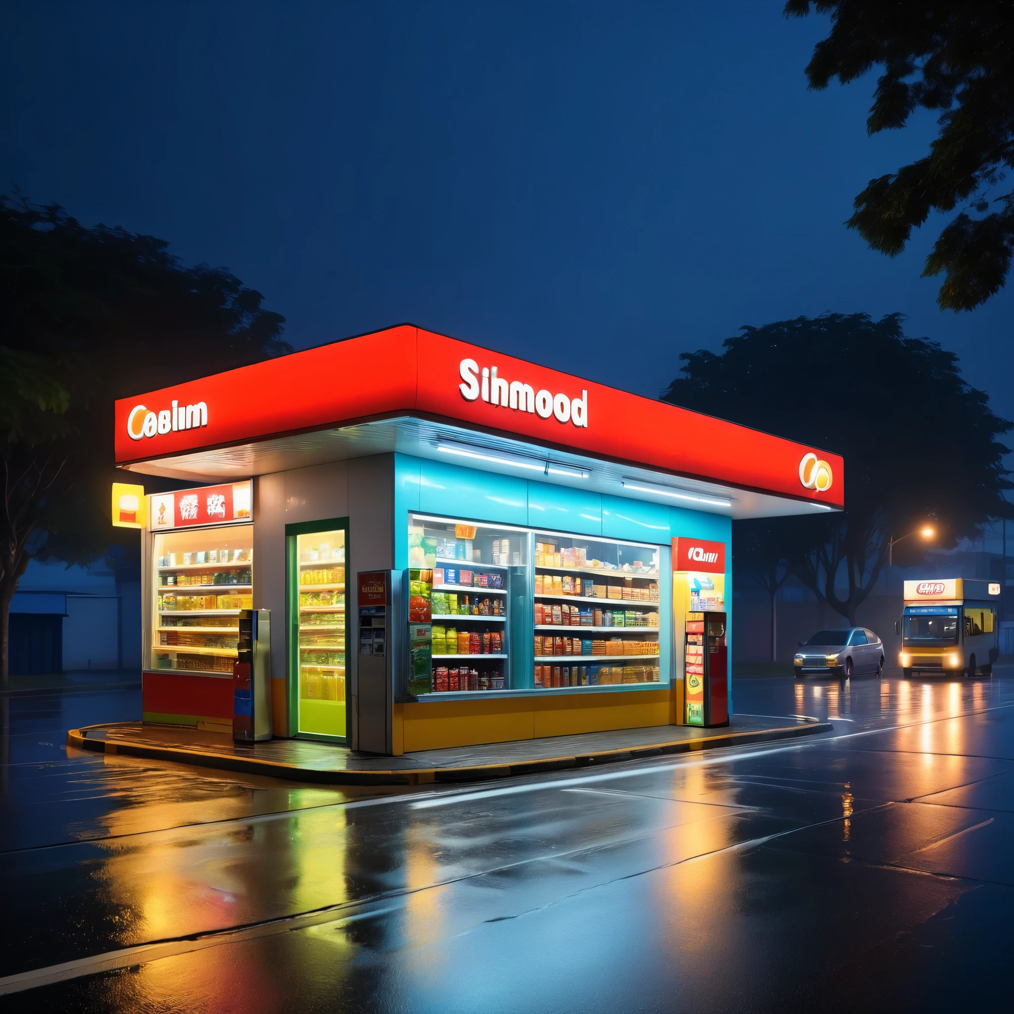 Convenience store on the road,night,street lamp,wet road