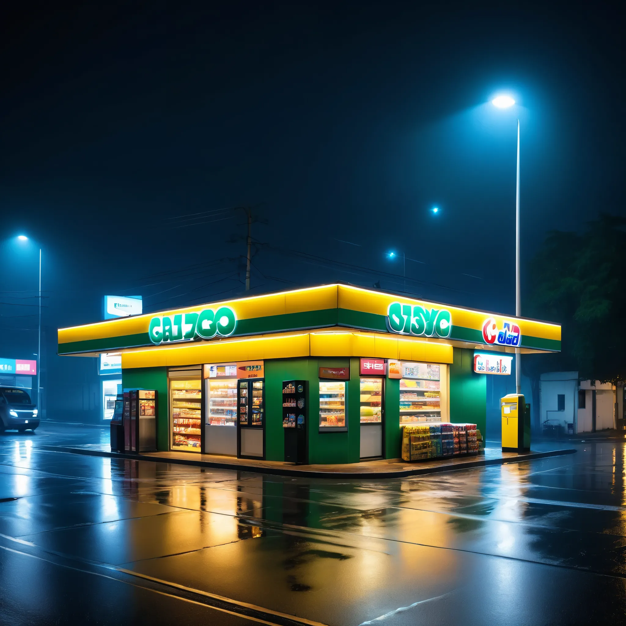 Convenience store on the road,night,street lamp,wet road