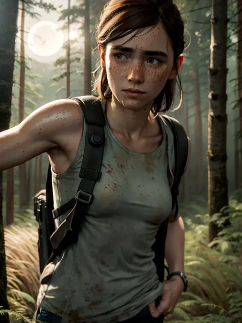 Masterpiece, (Ellie, tlou2), half body shot, sneaking through high grass, slium body, very small breasts, white skin with freckl...