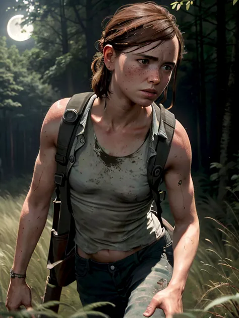 Masterpiece, (Ellie, tlou2:1.2), half body shot, sneaking through high grass, slim body, very small breasts, white skin with fre...