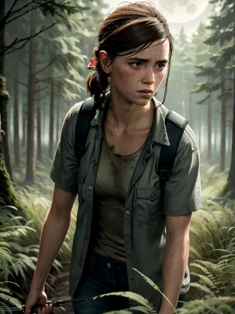 Masterpiece, (Ellie, tlou2), half body shot, sneaking through high grass, slim body, very small breasts, white skin with freckle...