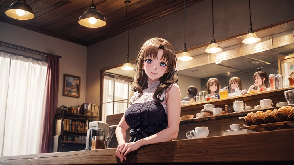 (original photo, best quality), 1 woman, Mamako Oosuki, natural lighting, Upper body, cafes, Smile, Satosh Khan Art Style