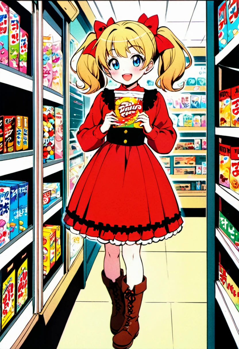 Candy Candy\' by Toei Animation, detailed art style, vintage aesthetic, emotional melodrama, inspired by Keiko Nagita and Yumiko Igarashi's original manga, in a midnight convenience store, starry night, vignettes, comic, dress, blonde_hair, twintails, boots, flower, bow, open_mouth, red_dress, hair_bow, frills, retro_artstyle, ribbon, smile, blue_eyes, long_hair, long_sleeves, full_body