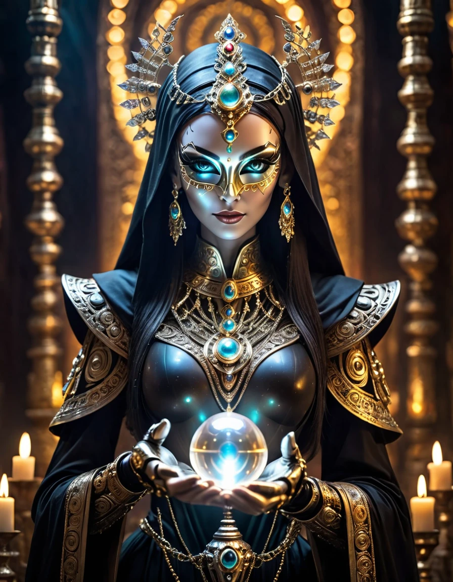 Create a picture of a beautiful female ancient priest cyborg with delicate and precise hands, holding a tiny glowing crystal orb, shiny gold-silver-platinum alloy mask face, insanely detailed and intricate Jepara style carvings, shallow depth of field, bustling neon-lit background, in front of an ancient, mysterious altar, surrounded by candles for an otherworldly atmosphere