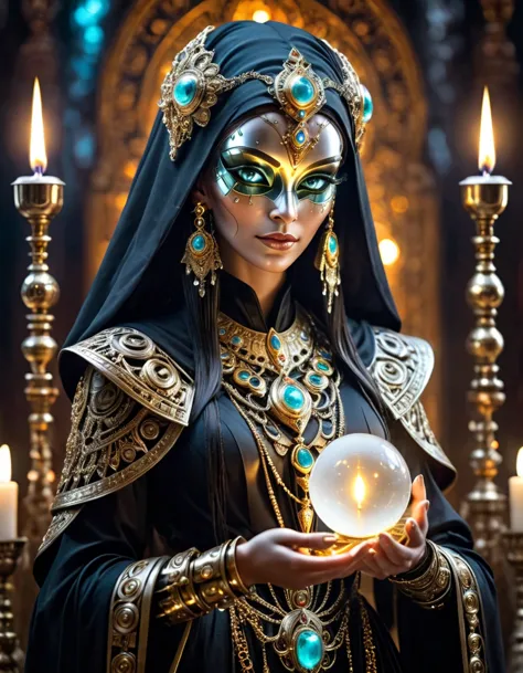 create a picture of a beautiful female ancient priest cyborg with delicate and precise hands, holding a tiny glowing crystal orb...