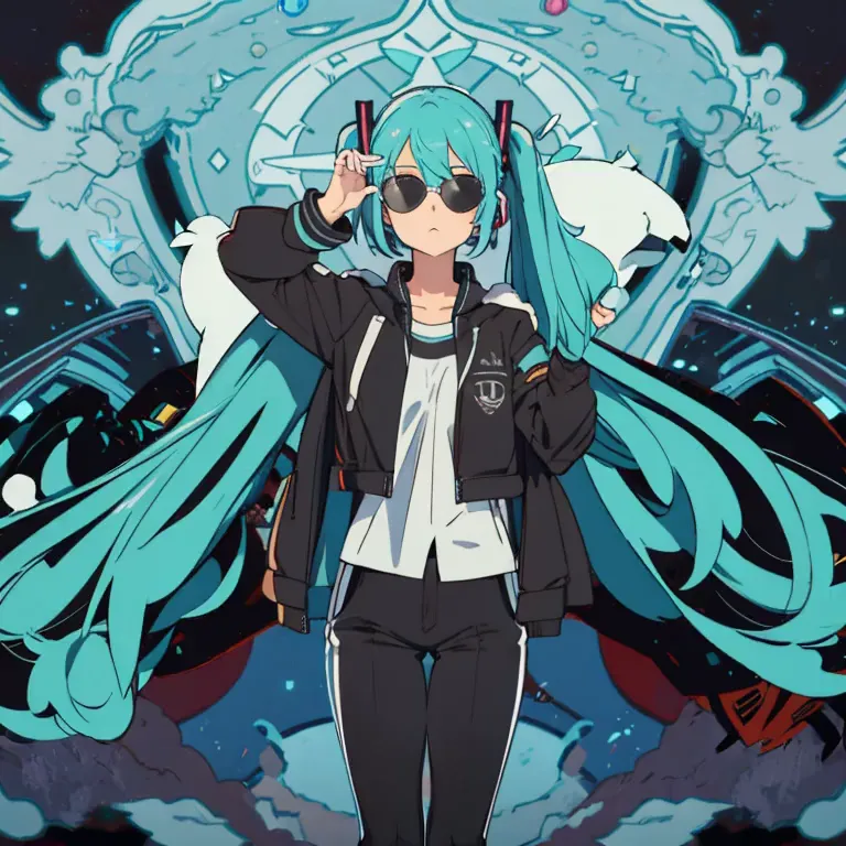 1girl, hatsune miku, jacket black, cool face, cool sunglasses, pants black, studio