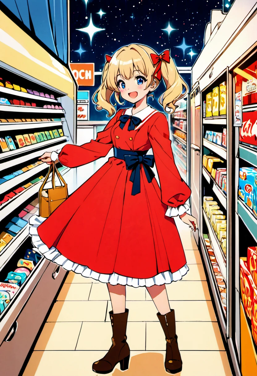 Candy Candy\' by Toei Animation, detailed art style, vintage aesthetic, emotional melodrama, inspired by Keiko Nagita and Yumiko Igarashi's original manga, in a midnight convenience store, starry night, vignettes, comic, dress, blonde_hair, twintails, boots, flower, bow, open_mouth, red_dress, hair_bow, frills, retro_artstyle, ribbon, smile, blue_eyes, long_hair, long_sleeves, full_body