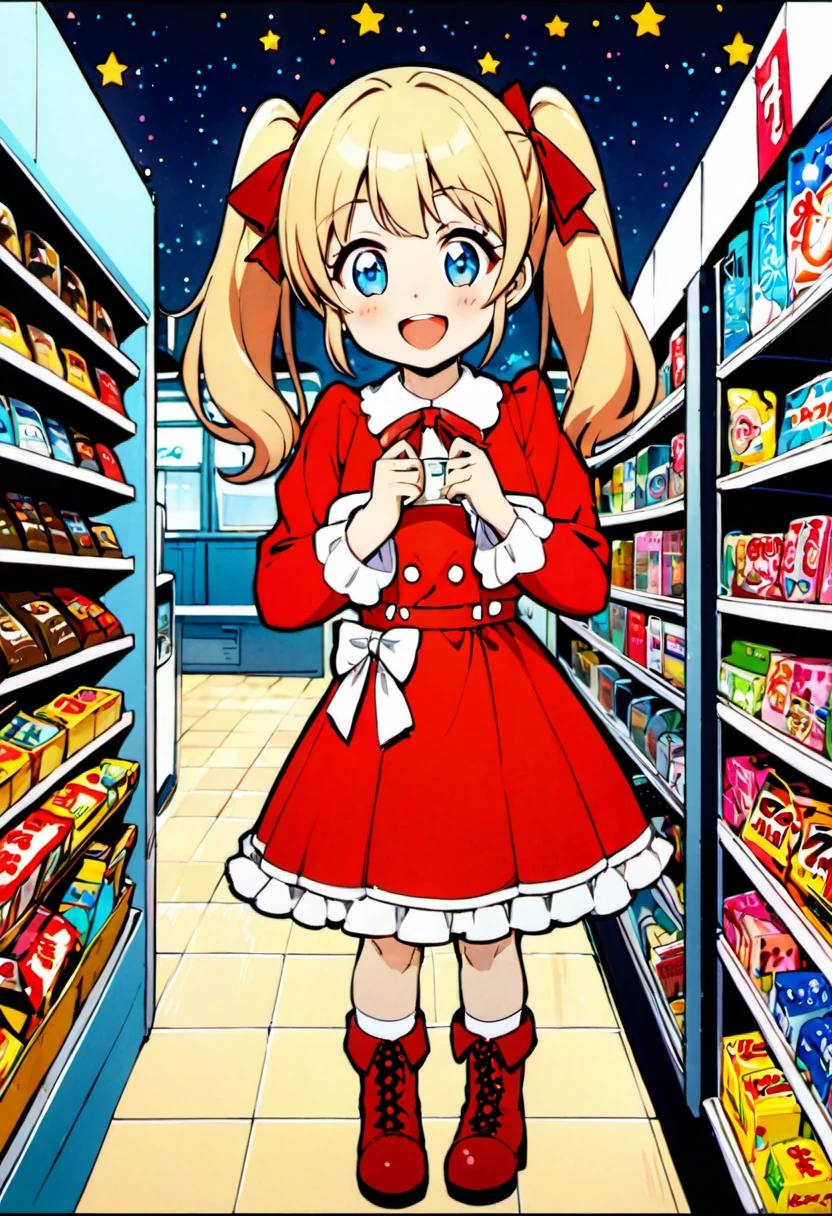 Candy Candy\' by Toei Animation, detailed art style, vintage aesthetic, emotional melodrama, inspired by Keiko Nagita and Yumiko Igarashi's original manga, in a midnight convenience store, starry night, vignettes, comic, dress, blonde_hair, twintails, boots, flower, bow, open_mouth, red_dress, hair_bow, frills, retro_artstyle, ribbon, smile, blue_eyes, long_hair, long_sleeves, full_body