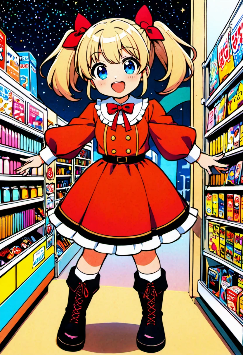 Candy Candy\' by Toei Animation, detailed art style, vintage aesthetic, emotional melodrama, inspired by Keiko Nagita and Yumiko Igarashi's original manga, in a midnight convenience store, starry night, vignettes, comic, dress, blonde_hair, twintails, boots, flower, bow, open_mouth, red_dress, hair_bow, frills, retro_artstyle, ribbon, smile, blue_eyes, long_hair, long_sleeves, full_body