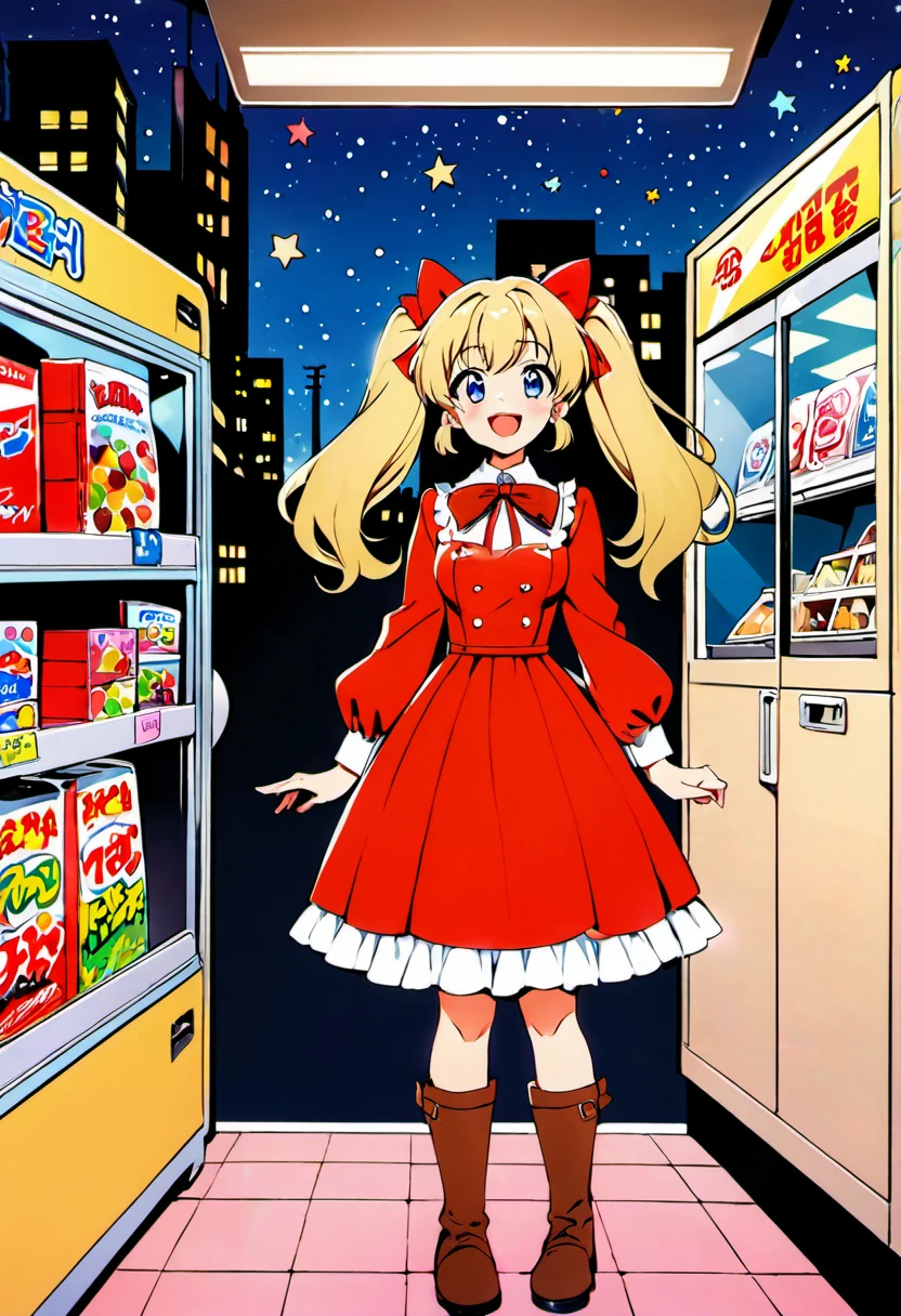 Candy Candy\' by Toei Animation, detailed art style, vintage aesthetic, emotional melodrama, inspired by Keiko Nagita and Yumiko Igarashi's original manga, in a midnight convenience store, starry night, vignettes, comic, dress, blonde_hair, twintails, boots, flower, bow, open_mouth, red_dress, hair_bow, frills, retro_artstyle, ribbon, smile, blue_eyes, long_hair, long_sleeves, full_body