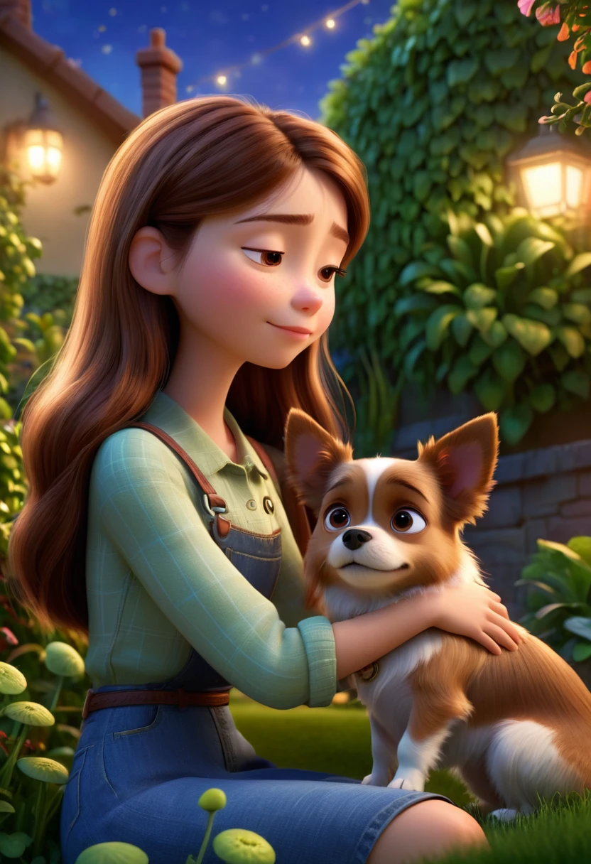 A woman is sitting next to a small dog.　The girl has long brown hair.　Eyes closed and chin resting on hand　The background is a garden, Highly detailed skin texture, 8K resolution, dramatic lighting, Depth Blur, wide angle, pixar style, Cute 3D characters