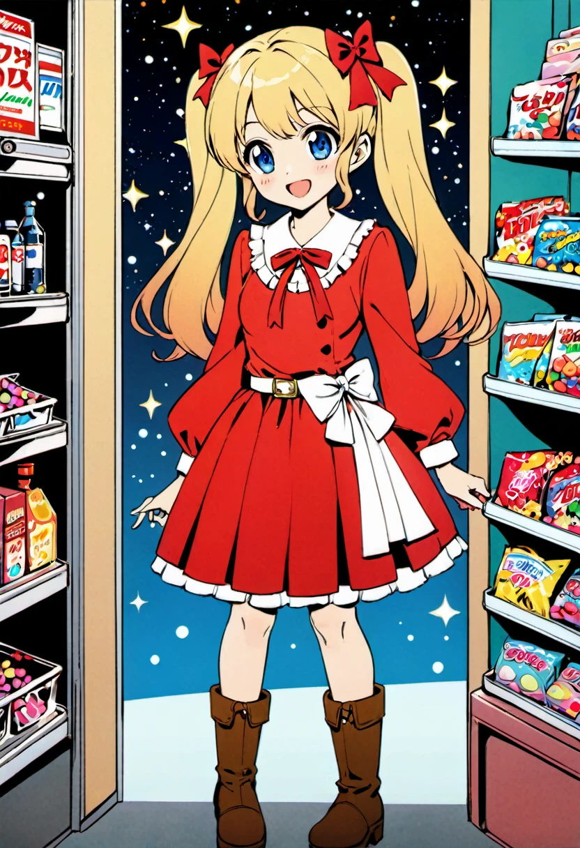 Candy Candy\' by Toei Animation, detailed art style, vintage aesthetic, emotional melodrama, inspired by Keiko Nagita and Yumiko Igarashi's original manga, in a midnight convenience store, starry night, vignettes, comic, dress, blonde_hair, twintails, boots, flower, bow, open_mouth, red_dress, hair_bow, frills, retro_artstyle, ribbon, smile, blue_eyes, long_hair, long_sleeves, full_body