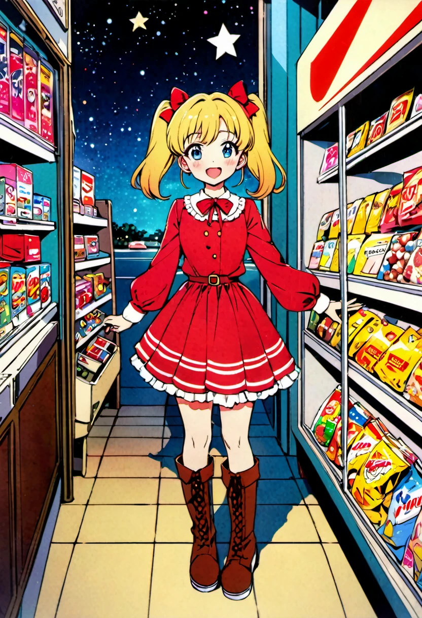 Candy Candy\' by Toei Animation, detailed art style, vintage aesthetic, emotional melodrama, inspired by Keiko Nagita and Yumiko Igarashi's original manga, in a midnight convenience store, starry night, vignettes, comic, dress, blonde_hair, twintails, boots, flower, bow, open_mouth, red_dress, hair_bow, frills, retro_artstyle, ribbon, smile, blue_eyes, long_hair, long_sleeves, full_body