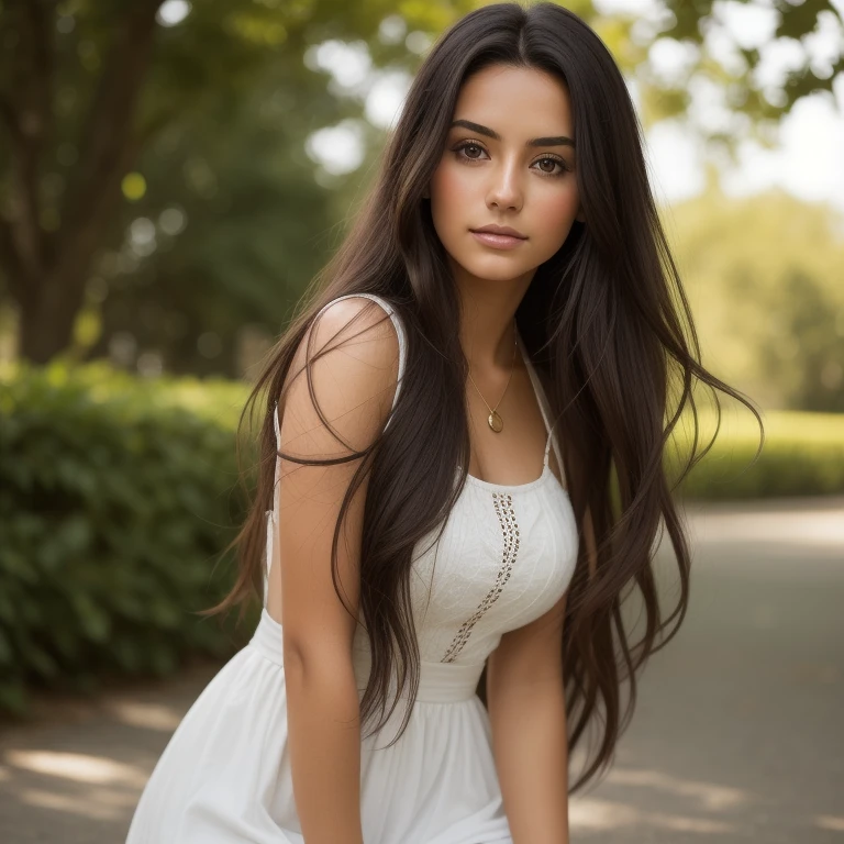 A photorealistic portrait of a 21-year-old colombian girl with long, flowing dark hair and striking dark eyes. She should have a natural, approachable expression and be illuminated by soft, golden-hour sunlight. The background should be a scenic outdoor setting, perhaps a sunlit park or beach. Capture this image with a high-resolution photograph using an 85mm lens for a flattering perspective. in a front photo