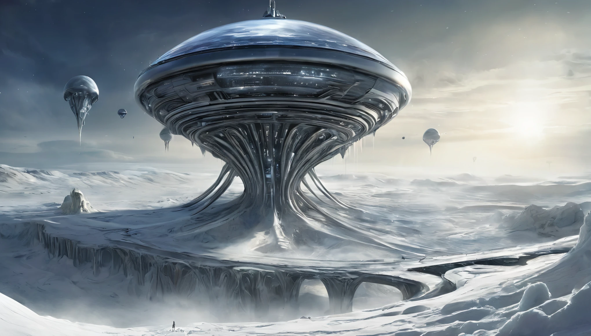 ICE PLANET, h.r. Giger concept art for Alien, various illustrations about white planet, frozen, far from the stars, Snow storms, spaceship flies between the wind and heavy snowfall, hyper realistic image high resolution HDr, UHDr, 16k, professional cinema lighting, ((CUBIErTO DE NIEVE)), ((PLANETA CON SUPErFICIE  INTrINCADA, COLONIA EN MEDIOS DE rOCAS DE HIELO ESCArPADAS)), (PHOTOGrAPHY SHOOTING WITH WIDE ANGLE LENS, isometric perspective), ((NAVE ESPACIAL PASA SOBrE COLONIA EN ICE PLANET GrAN PLANO GENErAL))
