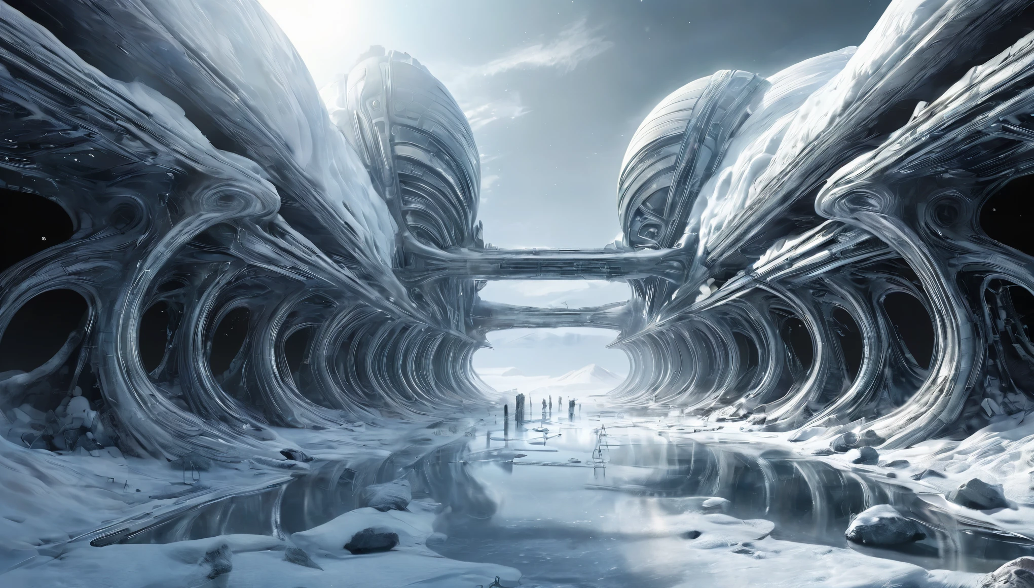 PLANETA HELADO, h.R. Arte conceptual de Giger para Alien, varias ilustraciones sobre planeta blanco, congelado, alejado de las estrellas, tormentas de nieve, nave espacial vuela entre el viento y nevada fuerte, hyper realistic image high resolution HDR, UHDR, 16K, professional cinema lighting, ((CUBIERTO DE NIEVE)), ((PLANETA CON SUPERFICIE  INTRINCADA, COLONIA EN MEDIOS DE ROCAS DE HIELO ESCARPADAS)), (PHOTOGRAPHY SHOOTING WITH WIDE ANGLE LENS, isometric perspective), ((NAVE ESPACIAL PASA SOBRE COLONIA EN PLANETA HELADO GRAN PLANO GENERAL))
