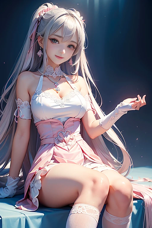 dynamic angle,((1 girl, elegant pink dresser pieces, highest resolution)), (beautiful illustrations),(Beautiful semi-long silver hair),(looking at the viewer),innocent smile,cinematic lighting,white overknee socks,lace chalk, Wristband, diamond necklace,Wristband, White fingerless gloves, earrings,Day,blue sky,beautiful flower park