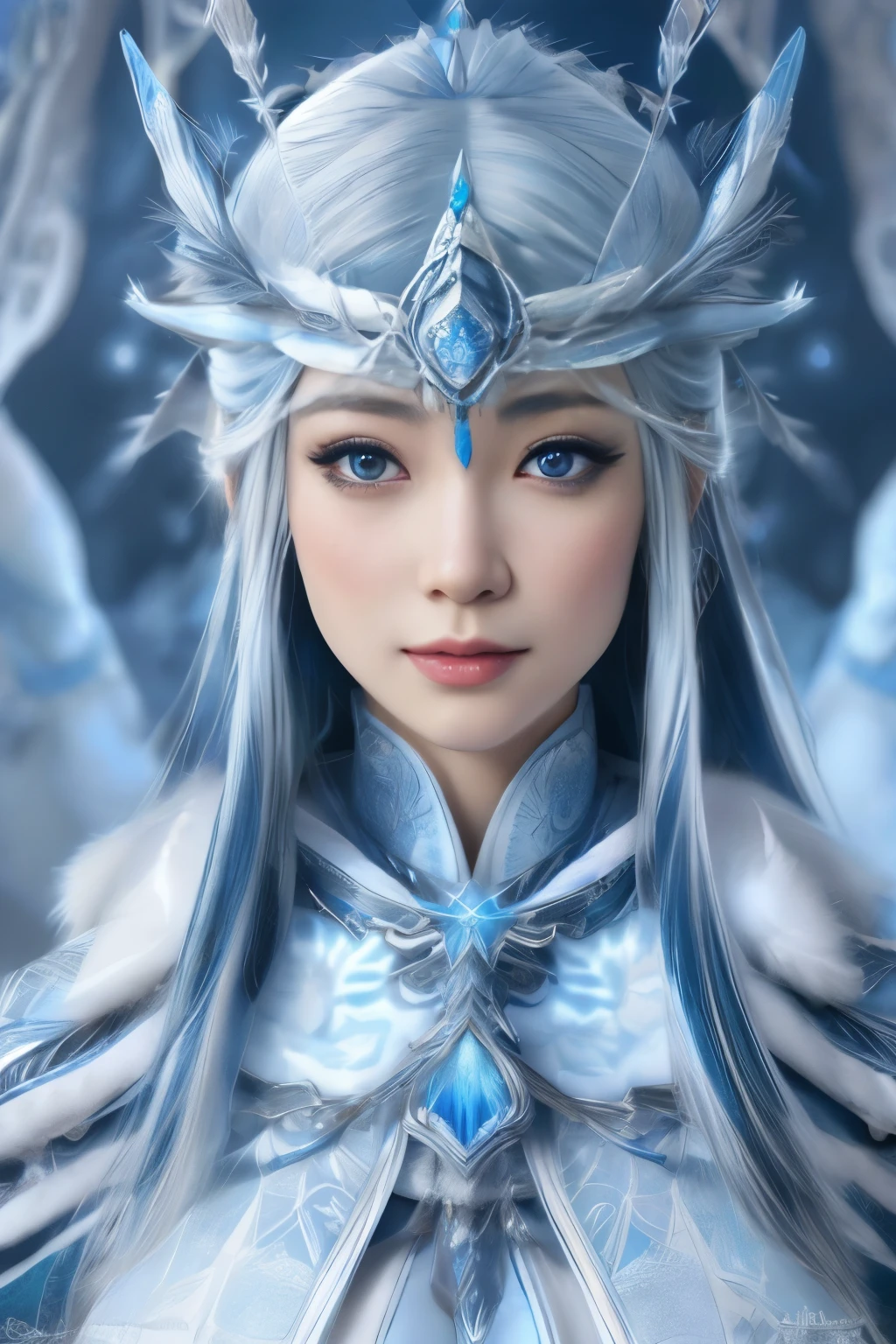 Hyper-realistic portrait of a Japanese girl dressed as the Frost Oracle, ice-blue and white colors, intricate details, reflective surfaces, shallow depth of field, soft natural lighting, high resolution, accurate representation, unique, creative, well-lit, clear details, Canon EOS R5, 85mm lens, f/1.8, elegant, refined, sophisticated