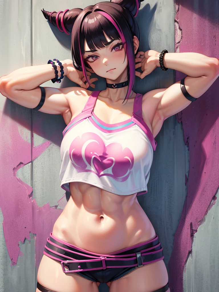 Juri Han,Masterpiece, Best Quality, 1girl, report, crop-top, jean shorts, Choker, (graffiti:1.aint splatter, (Hands Behind Your Back), Against a wall, looking a viewer, A bracelet, thigh strap, Paint on the body, tilt of head, bored, fiery hair color, Rainbow-colored eyes,juri han
