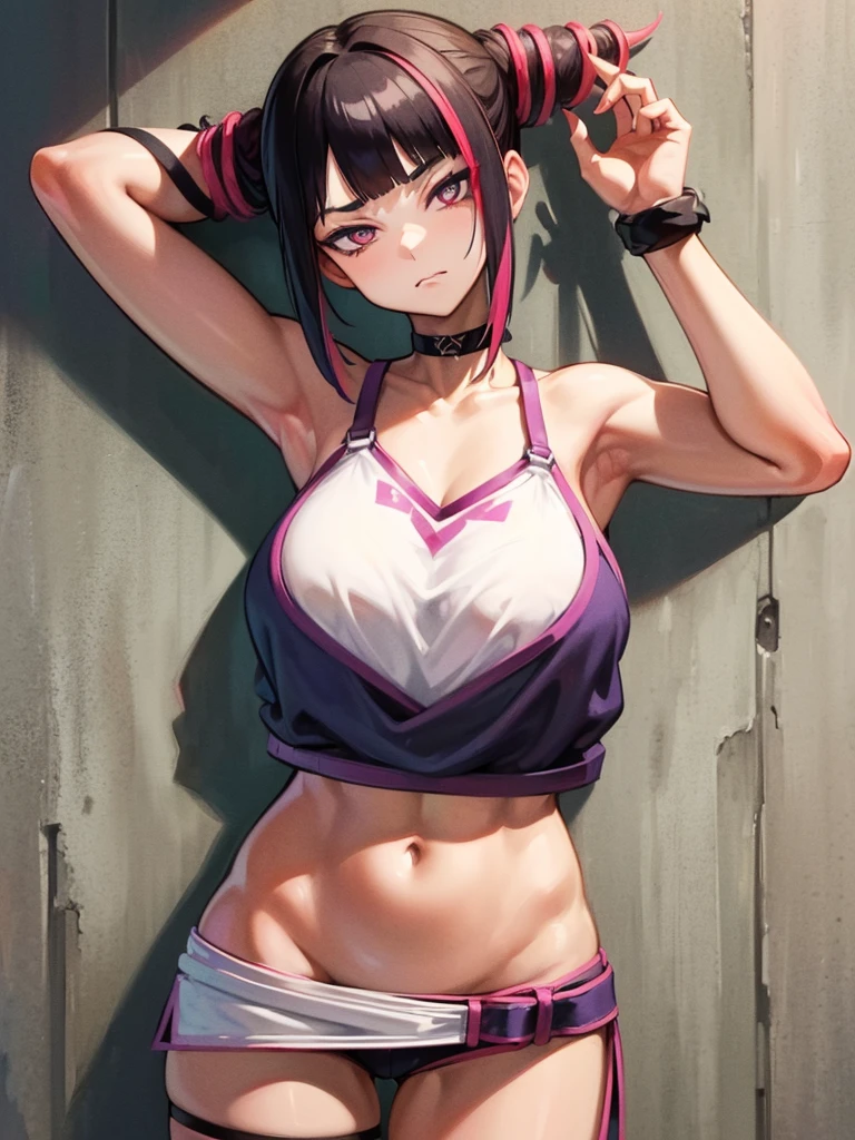 Juri Han,Masterpiece, Best Quality, 1girl, report, crop-top, jean shorts, Choker, (graffiti:1.aint splatter, (Hands Behind Your Back), Against a wall, looking a viewer, A bracelet, thigh strap, Paint on the body, tilt of head, bored, fiery hair color, Rainbow-colored eyes,juri han
